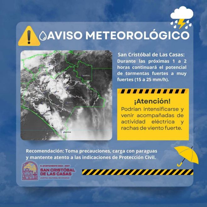 Protecci&oacute;n Civil mantiene alerta por lluvias intensas en San Crist&oacute;bal de Las Casas