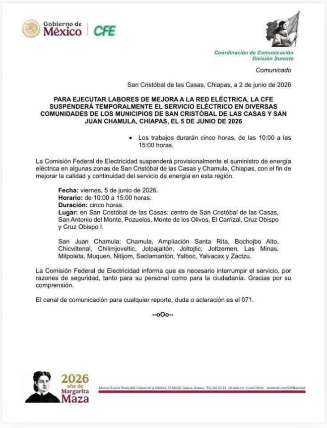 Apagón programado afectará a miles de usuarios en San Cristóbal y Chamula