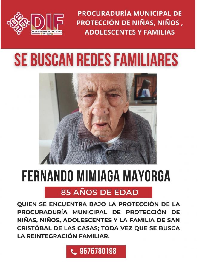 DIF San Cristóbal busca a familiares de adulto mayor bajo resguardo