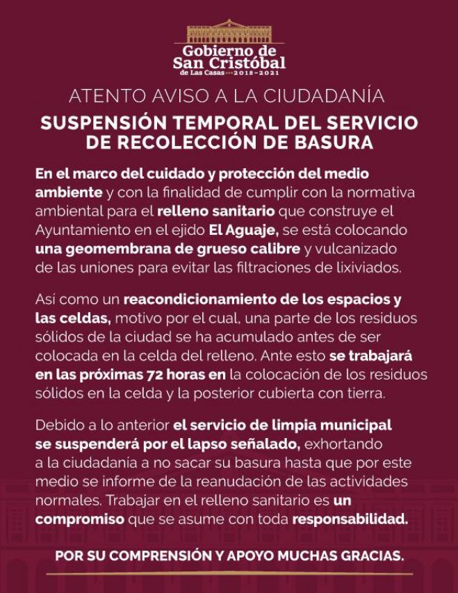 ATENTO AVISO A LA CIUDADANÍA DE SAN CRISTÓBAL DE LAS CASAS. 