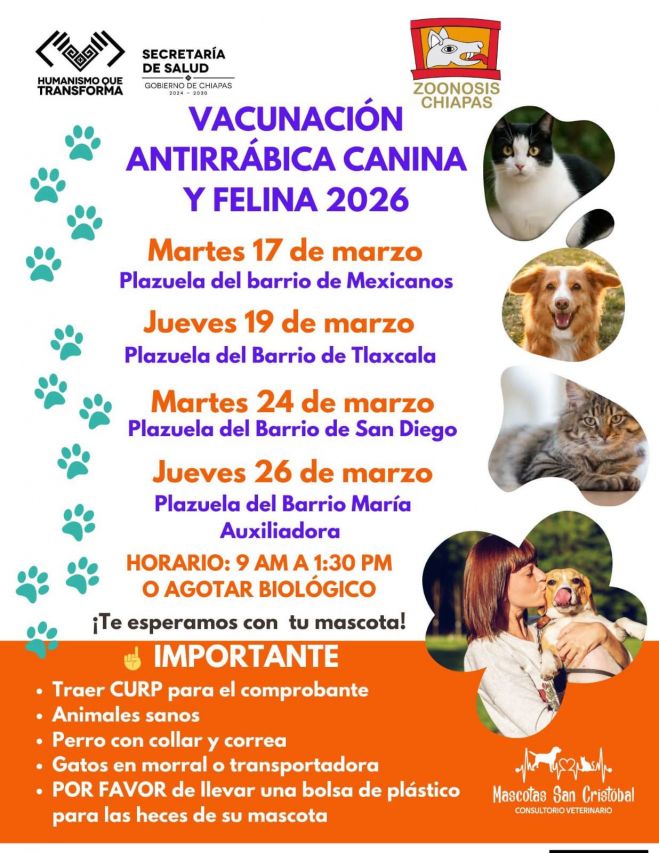 Refuerzan vacunación antirrábica en San Cristóbal de Las Casas