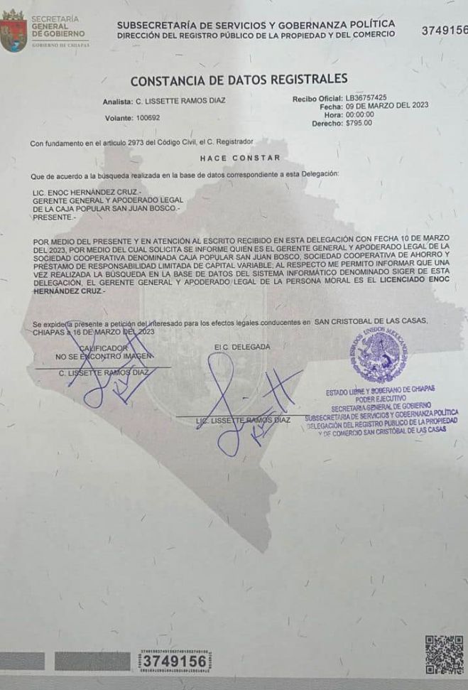 Resuelven autoridades Enoc Hernandez Cruz, es el gerente general y apoderado legal de la Caja “San Juan Bosco”.