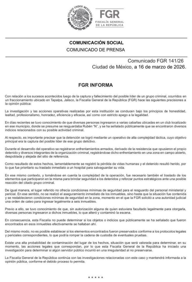 FGR investiga posible contaminaci&oacute;n de escena tras operativo en Tapalpa