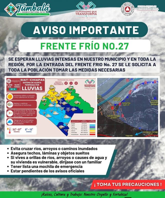Frente fr&iacute;o 27 activa alerta por fr&iacute;o y lluvias en la zona altos y norte de Chiapas