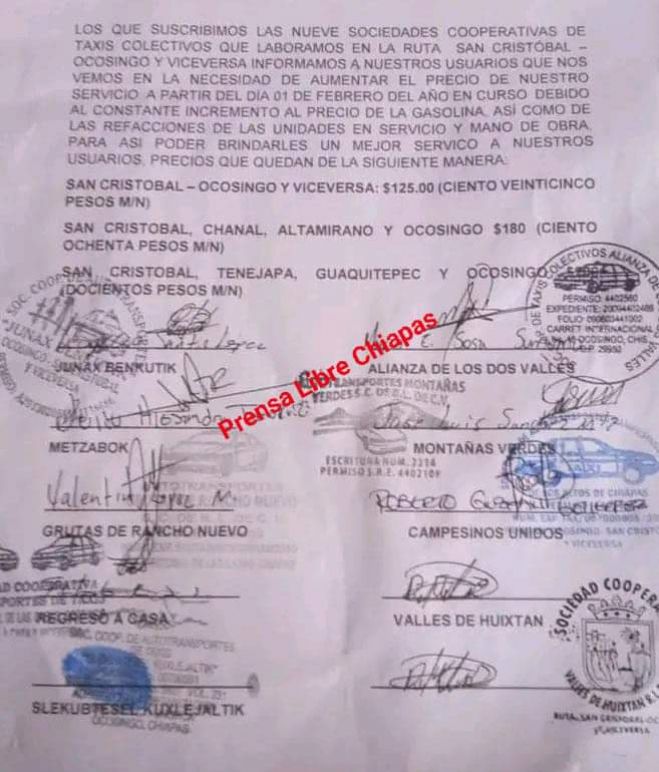 El primero de febrero incrementa el pasaje de San Crist&oacute;bal a Ocosingo 