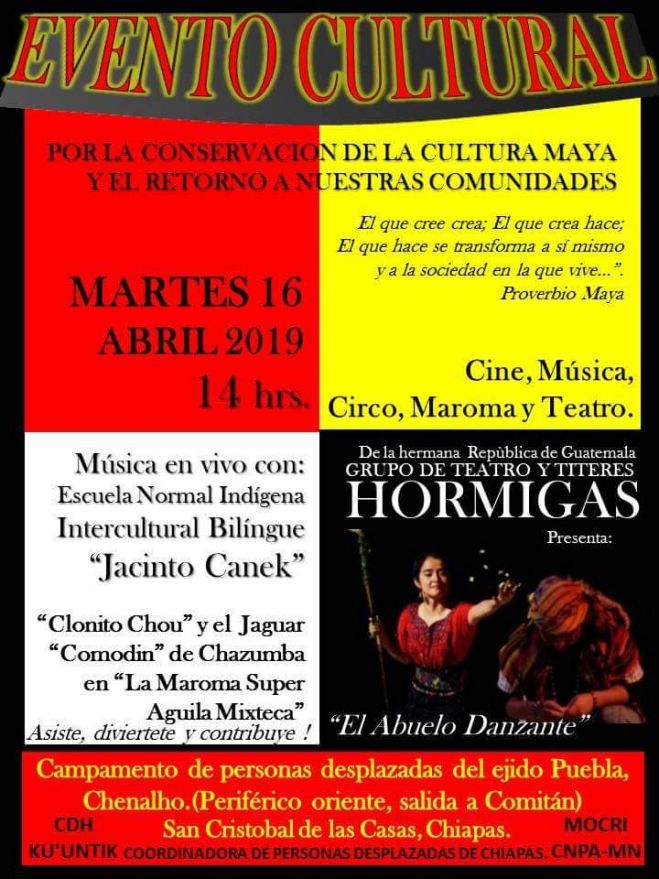 Desplazados del ejido Puebla invitan a evento cultural en San Cristóbal de Las Casas