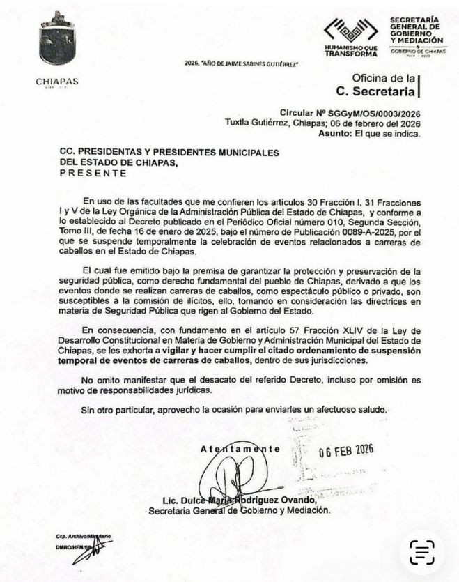 Gobierno de Chiapas exhorta a municipios a cumplir suspensión de carreras de caballos