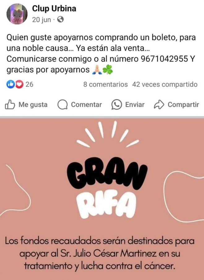 Realizan rifa con causa en apoyo a persona con cáncer