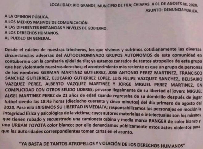 EXIGEN LIBERACI&Oacute;N DE JOVEN SECUESTRADO EN TILA